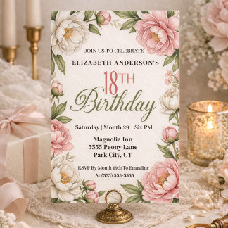 Soft Pink Magnolia and Peony 18th Birthday  Inbjudningar