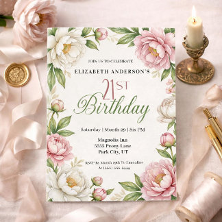 Soft Pink Magnolia and Peony 21st Birthday  Inbjudningar