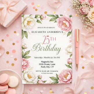 Soft Pink Magnolia and Peony 25th Birthday  Inbjudningar