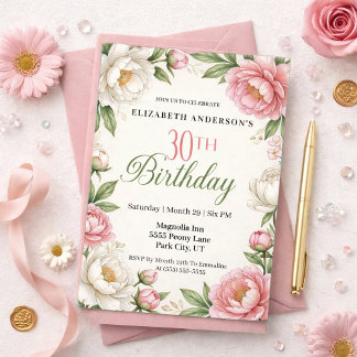 Soft Pink Magnolia and Peony 30th Birthday  Inbjudningar
