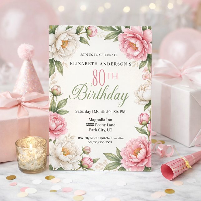 Soft Pink Magnolia and Peony 80th Birthday  Inbjudningar (Elegant floral 80th birthday invitation with soft pink peonies white magnolia flowers )