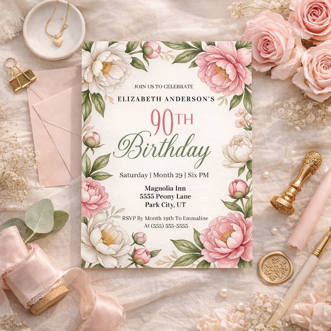 Soft Pink Magnolia and Peony 90th Birthday  Inbjudningar (Elegant pink peony and white magnolia floral 90th birthday invitation with soft botanical greenery )