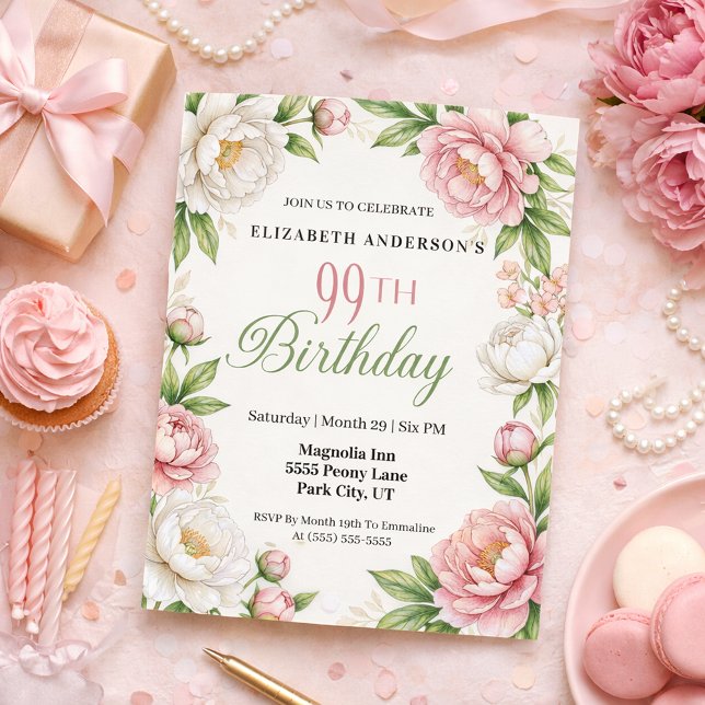 Soft Pink Magnolia and Peony 99th Birthday  Inbjudningar (Elegant pink peony and white magnolia floral 99th birthday invitation with botanical greenery )