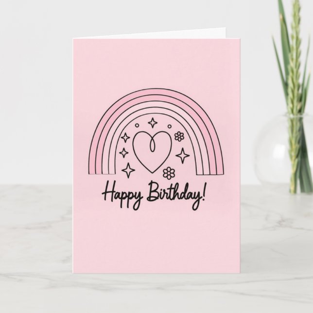 Soft pink minimalist heart with rainbow birthday kort (Framsida)