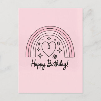 Soft pink minimalist heart with rainbow birthday vykort
