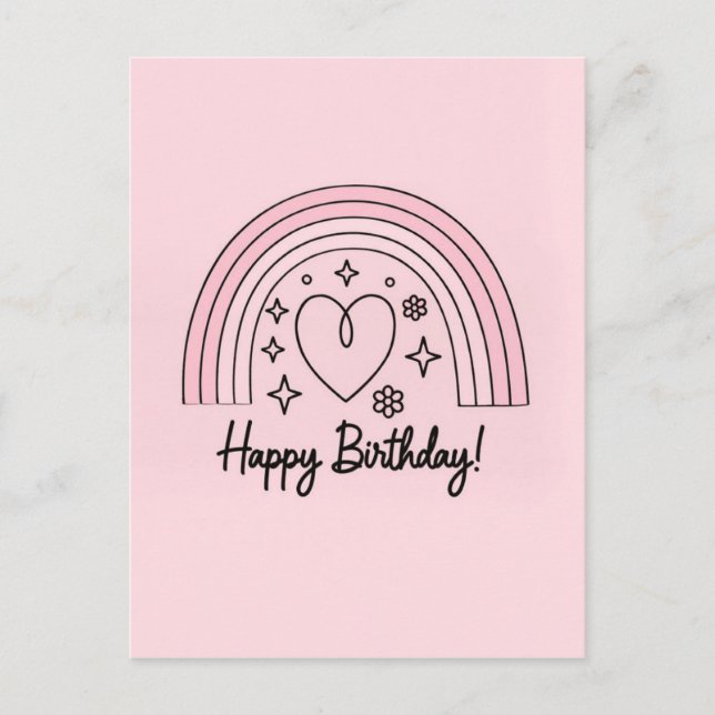 Soft pink minimalist heart with rainbow birthday vykort (Framsida)