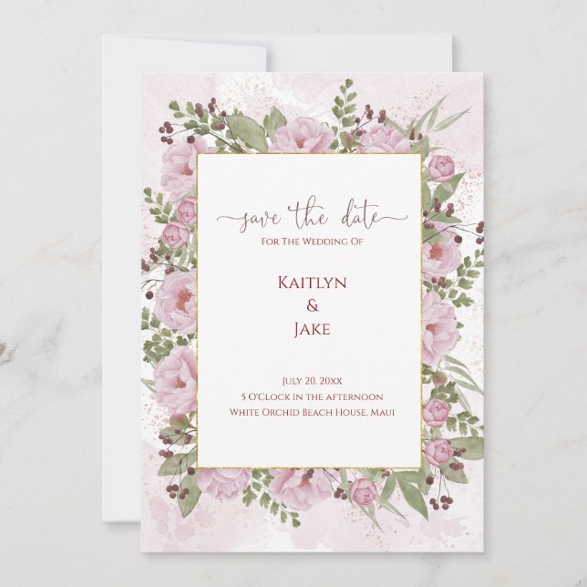Soft Pink Peony Wedding Invitation Spara Datumet (Framsida)