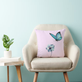 Soft Pink Pillow with Blue Flower and Butterfly Kudde