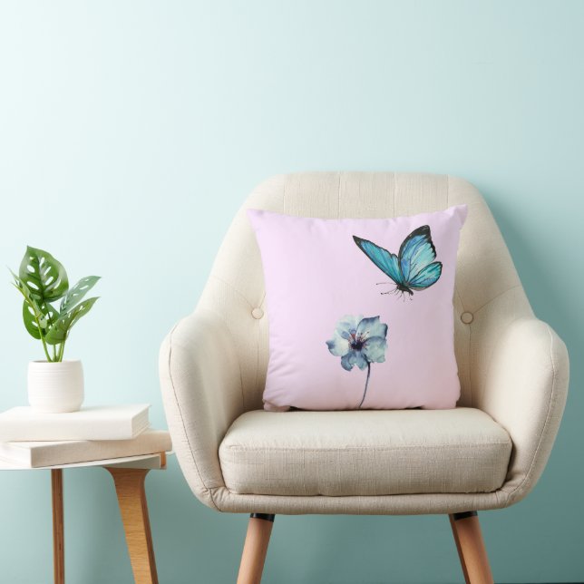 Soft Pink Pillow with Blue Flower and Butterfly Kudde (Stol)