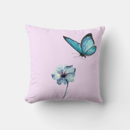 Soft Pink Pillow with Blue Flower and Butterfly Kudde