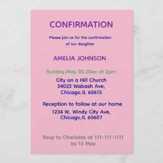 Soft Pink & Purple Confirmation Invitation Inbjudningar