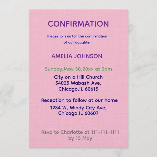 Soft Pink & Purple Confirmation Invitation Inbjudningar (Framsida)