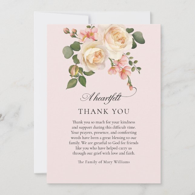 Soft Pink Rose Floral Christian Funeral Thank You Tack Kort (Framsida)