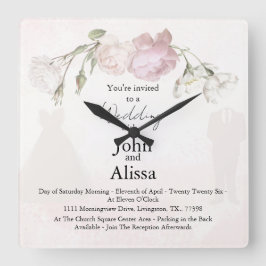Soft Pink Roses & Bride and Groom Collection Fyrkantig Klocka