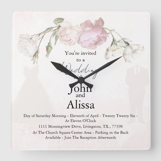 Soft Pink Roses & Bride and Groom Collection Fyrkantig Klocka (Framsida)