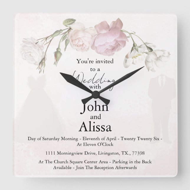 Soft Pink Roses & Bride and Groom Collection Fyrkantig Klocka (Framsida)