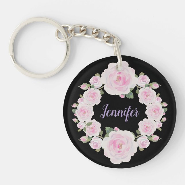 Soft Pink Roses Wreath Name Round Acrylic Keychain (Framsidan)
