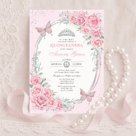 Soft Pink Silver Quinceañera Rose Flower Butterfly Inbjudningar
