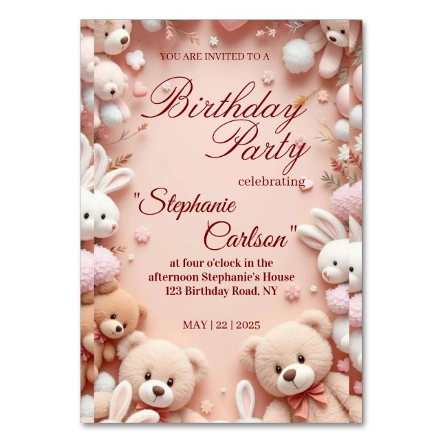 Soft Pink Teddy Bear Birthday Invitation Bordsnummer (Framsidan)