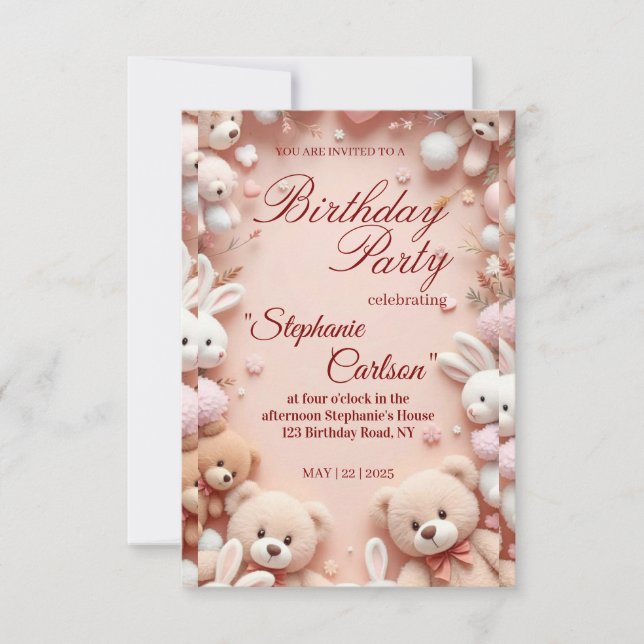Soft Pink Teddy Bear Birthday Invitation OSA Kort (Framsida)