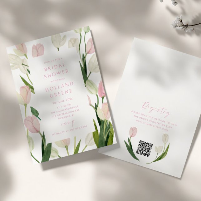Soft Pink Tulip QR Code Bridal Shower Inbjudningar (Skapare uppladdad)