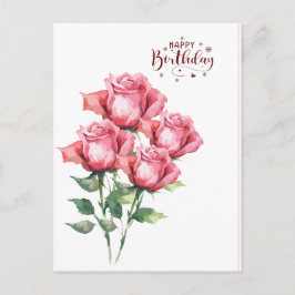 Soft Pink Watercolor Roses  Birthday Post Card Vykort