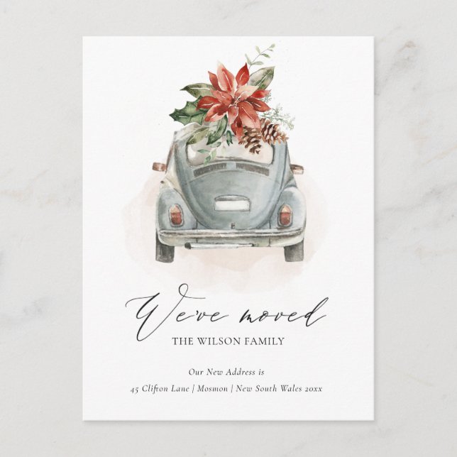 Soft Poinsettia Blommigt Julbil Vi har Flyttat Vykort (Framsida)