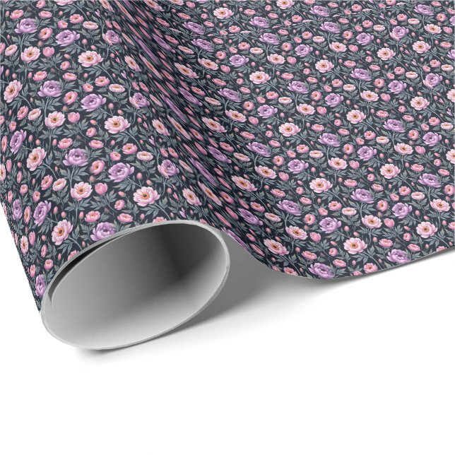 Soft Purple and Pink Floral Presentpapper (Rullad Hörn)