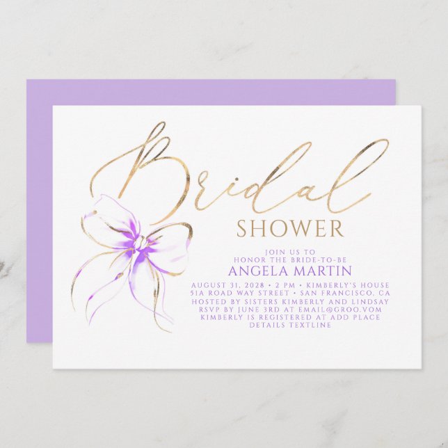 Soft Purple Bow Elegant Romantic Bridal Shower Inbjudningar (Fram/baksida)