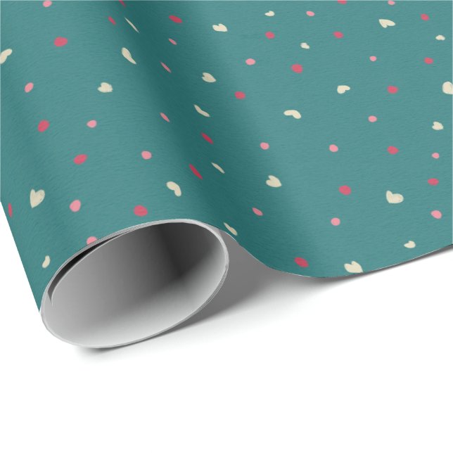 Soft Red & Green Polka Dots with Golden Hearts Presentpapper (Rullad Hörn)