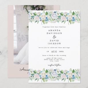 Soft Rosa Blue Greenery Romantic Blommigt Bröllop Inbjudningar