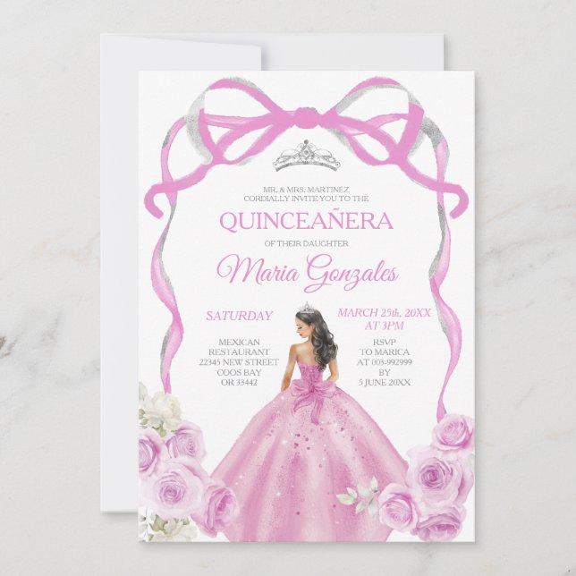 Soft Rosa Bow Princess Silver Krona Quinceañera Inbjudningar (Framsida)