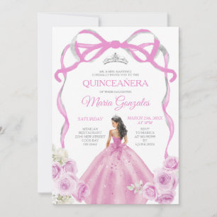 Soft Rosa Bow Princess Silver Krona Quinceañera Inbjudningar