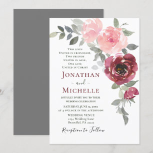 Soft Rosa Burgundy Blommigt Christian Bröllop Inbjudningar