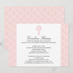 Soft Rosa Damask Celtic Kor First Communion Inbjudningar