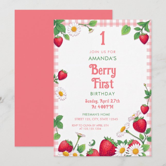 Soft Rosa Gingham Strawberry Girl's 1st Birthday Inbjudningar (Fram/baksida)