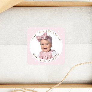 Soft Rosa Girl Birthday Photo Tack för att komma Fyrkantigt Klistermärke