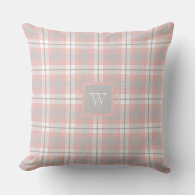 Soft Rosa Grått Monogram Gingham Girly Play Kudde (Framsida)