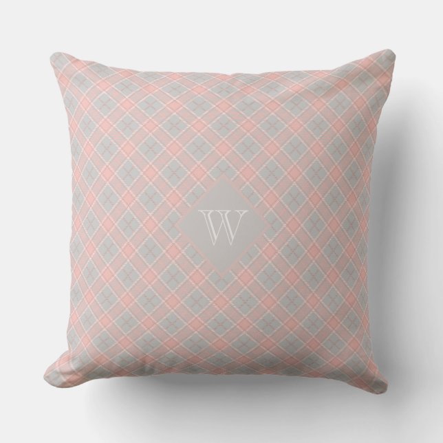 Soft Rosa Grått Monogram Gingham Girly Play Kudde (Framsida)