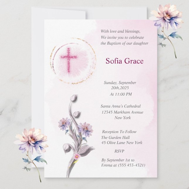Soft Rosa Kor & Blommigt Girl Girl Baptism-inbjuda Inbjudningar (Skapare uppladdad)
