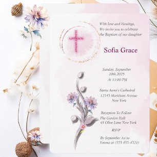 Soft Rosa Kor & Blommigt Girl Girl Baptism-inbjuda Inbjudningar