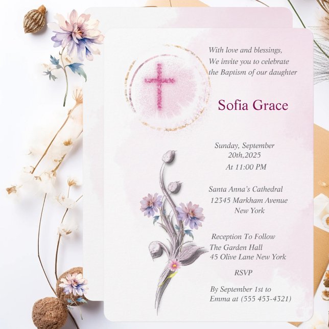 Soft Rosa Kor & Blommigt Girl Girl Baptism-inbjuda Inbjudningar (Skapare uppladdad)