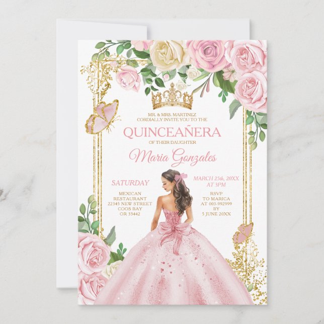 Soft  Rosa Krona Princess Girl Quinceañera 15 Inbjudningar (Framsida)