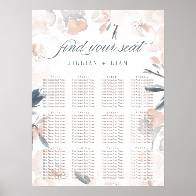Soft Rosa Peony Bröllop Seating Chart Poster (Framsidan)