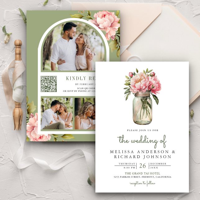 Soft Rosa Peony Flowers Mason Burk QR Code Bröllop Inbjudningar (Skapare uppladdad)