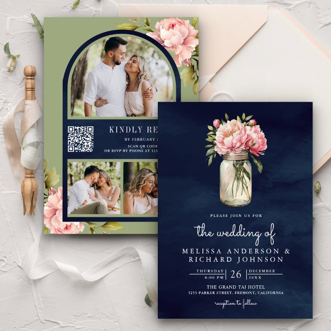 Soft Rosa Peony Mason Burk QR Code Navy Bröllop Inbjudningar (Skapare uppladdad)