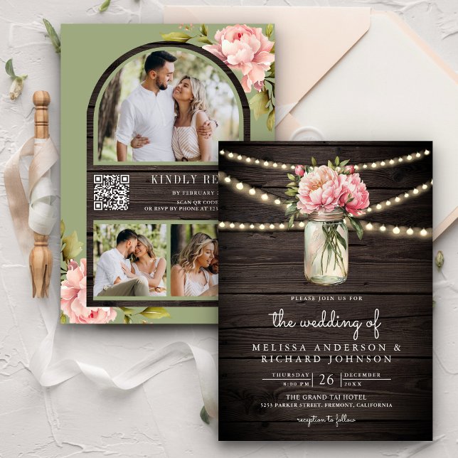Soft Rosa Peony Mason Burk QR Code Wood Bröllop Inbjudningar (Skapare uppladdad)