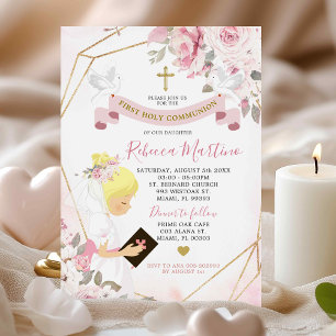 Soft Rosa ros Blonde Girl First Communion Inbjudningar