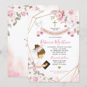 Soft Rosa ros Girl First Heliga Communion Inbjudningar