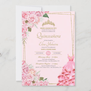 Soft Rosa ros och Guld Blommigt Quinceanera Inbjudningar